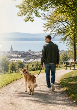 Un promeneur et son chien sur un chemin de parc, avec le lac Léman en arrière-plan